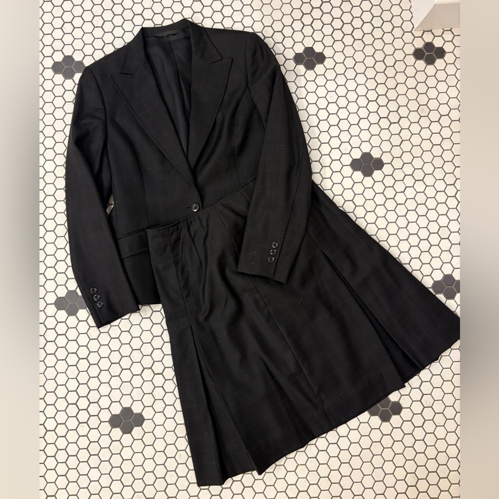 Dara Bespoke-Quality Black Windowpane Wool Skirt Blazer Suit |Super 100s| 6–8